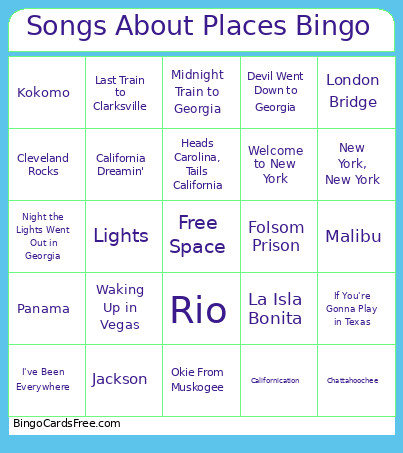 Songs About Places Bingo Card