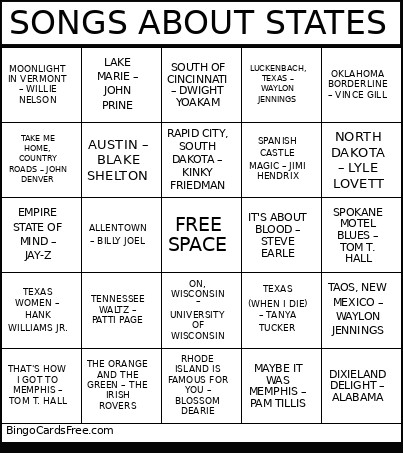 SONGS ABOUT STATES Bingo Card