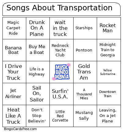 Songs About Transportation Bingo Card