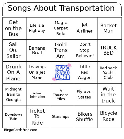 Songs About Transportation Bingo Card