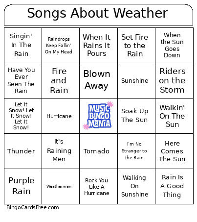 Songs About Weather Bingo Card