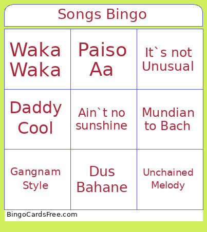 Songs Bingo Card