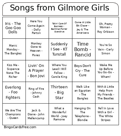 Songs From Gilmore Girls Bingo Card