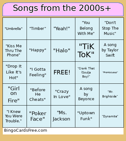 Songs From The 2000s+ Bingo Card