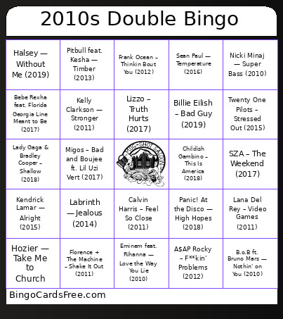 Songs From The 2010s Bingo Card