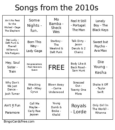 Songs From The 2010s Bingo Card