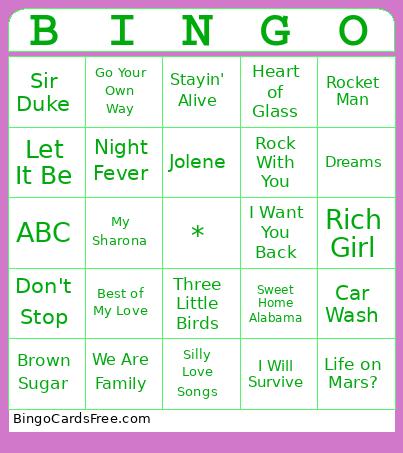 Songs From The 70s Bingo