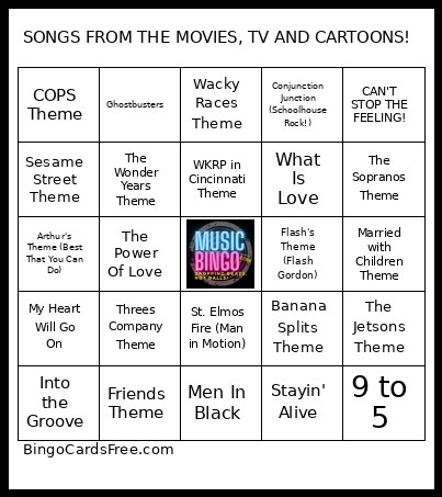 SONGS FROM THE MOVIES, TV AND CARTOONS! Bingo Card