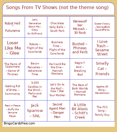 Songs From TV Shows (not The Theme Song) Bingo Card