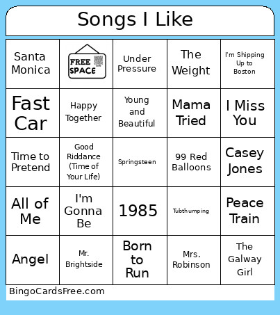 Songs I Like Bingo Card