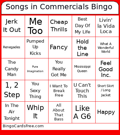 Songs In Commercials Bingo Card