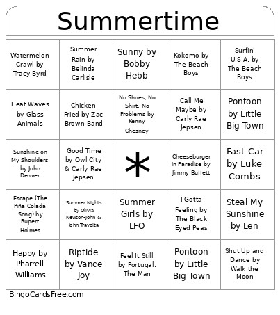Songs Of Summer Bingo Card