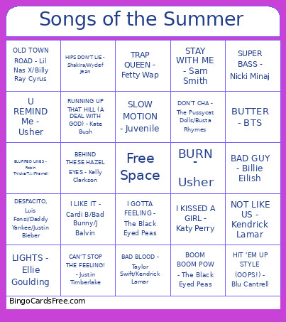Songs Of The Summer Bingo Card