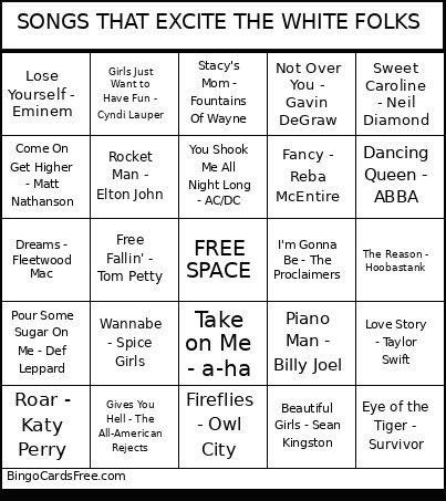 SONGS THAT EXCITE THE WHITE FOLKS Bingo Card