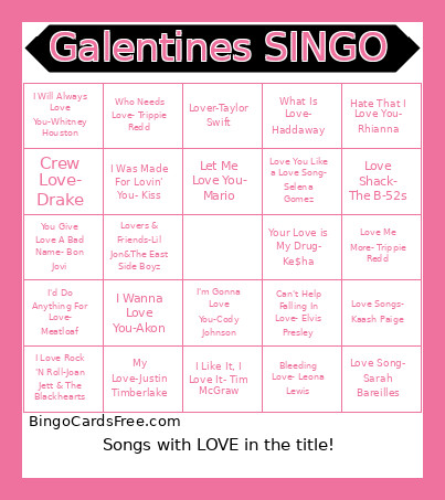 Songs Titles With LOVE Bingo Card