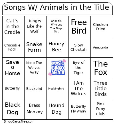 Songs W/ Animals In The Title Bingo Card