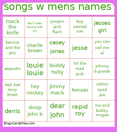 Songs W Mens Names Bingo Card