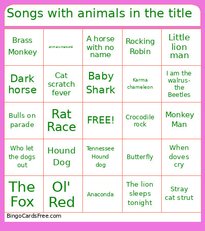 Songs With Animals In The Title Bingo Card