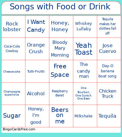 Songs With Food Or Drink Bingo Card