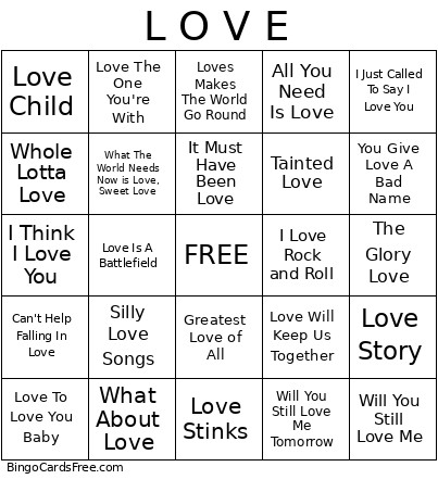 Songs With Love Bingo Card