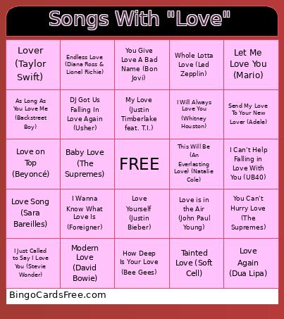 Songs With Love Bingo