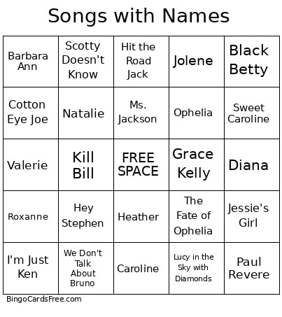 Songs With Names In The Title Bingo Card