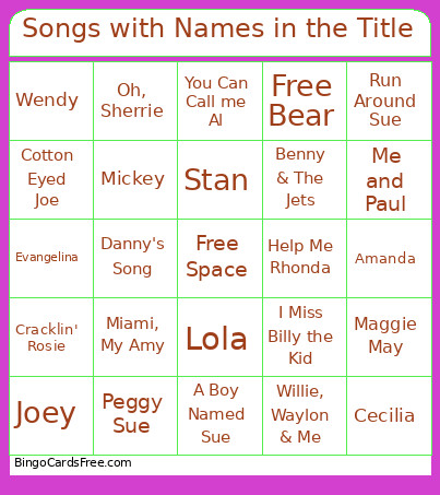 Songs With Names In The Title Bingo Card