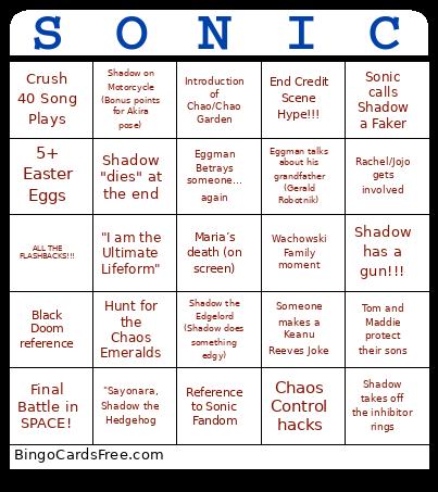 Sonic 3 Movie Bingo Card