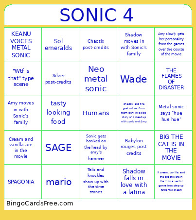 Sonic 4 Predictions Bingo Card