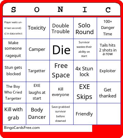 Sonic.EXE: The Disaster Bingo Cards Free Pdf Printable Game, Title: SONIC