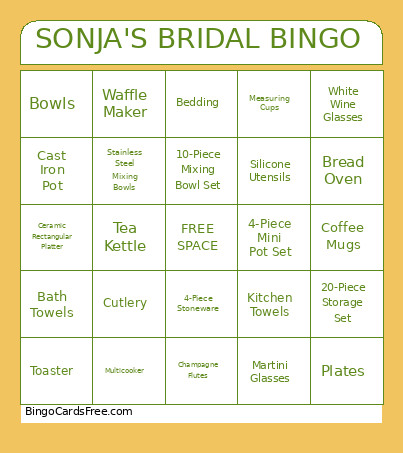 SONJA'S BRIDAL Bingo Card