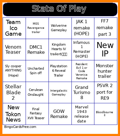 Sony State Of Play June 2026 Bingo Card