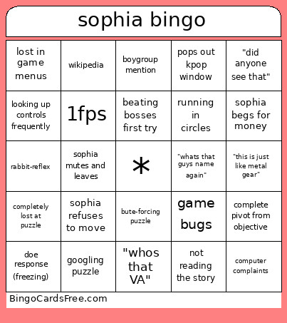 Sophia Bingo Card