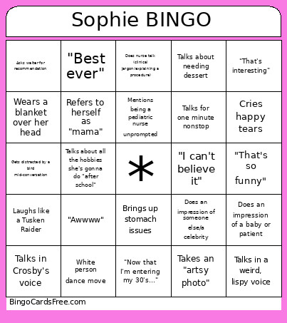 Sophie Bingo Card