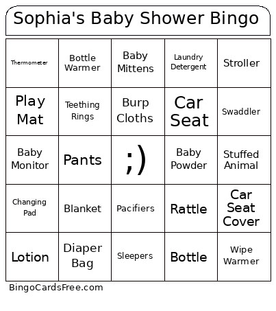 Sophie's Baby Shower Bingo Card