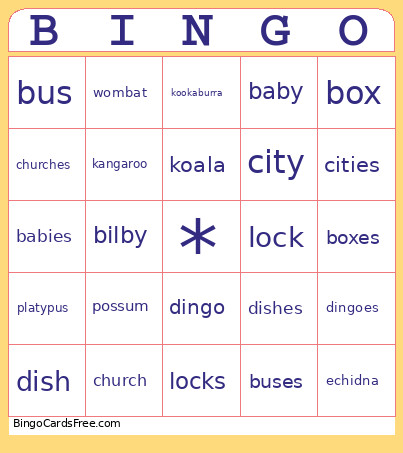 Sounds, Plurals, Australian Animals Bingo Card