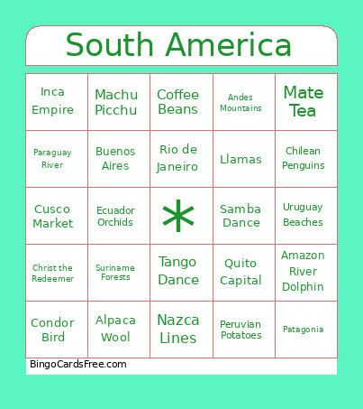 South American Bingo Card