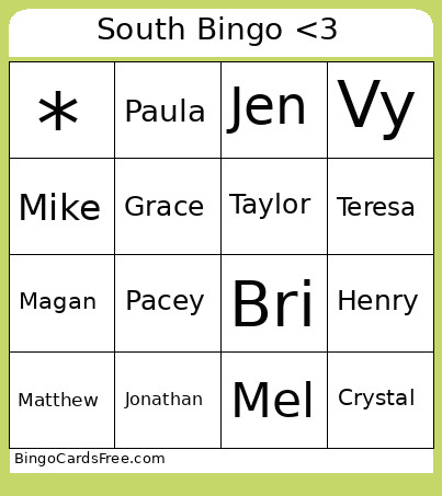 South <3 Bingo Card