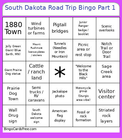 South Dakota Road Trip Part 1 Bingo Card
