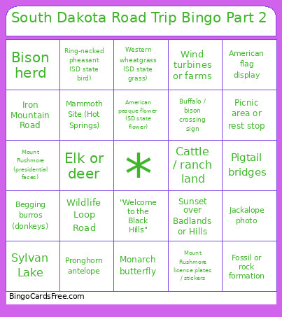 South Dakota Road Trip Part 2 Bingo Card