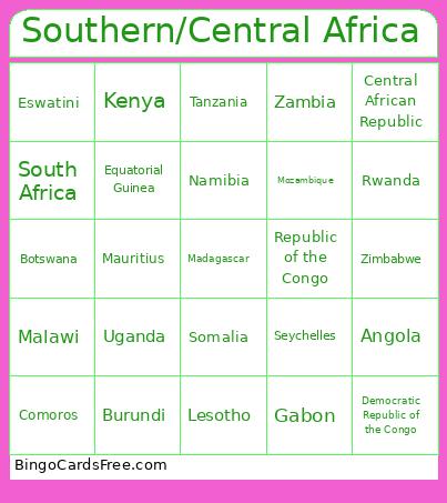 Southern/Central Africa Bingo Card