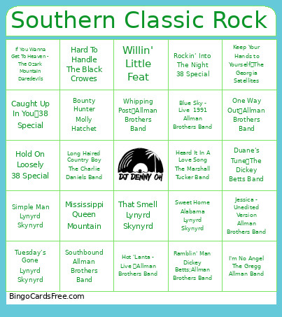 Southers Classic Rock Bingo Card