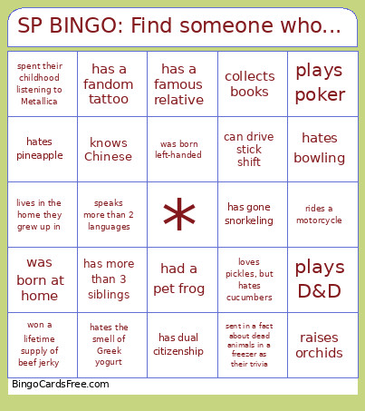 SP : Find Someone Who... Bingo Card
