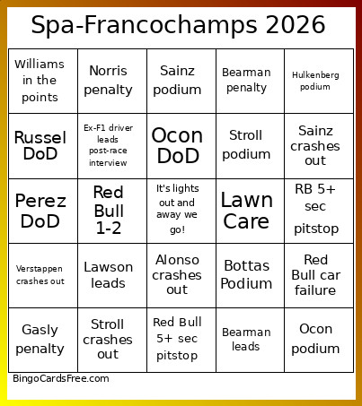 Spa-Francochamps 2026 Bingo Card