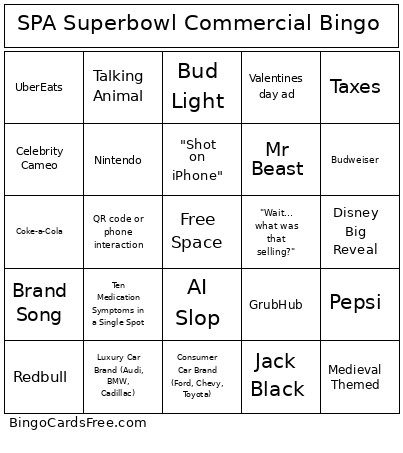 SPA Superbowl Commercial Bingo Card