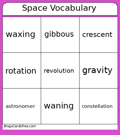 Space Vocabulary Bingo Card