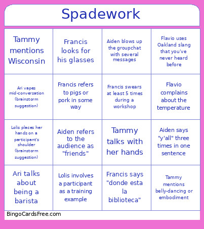 Spadework Bingo Card