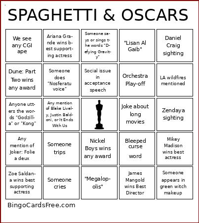 OSCARS 2025 BINGO Cards Free Pdf Printable Game, Title: SPAGHETTI & OSCARS