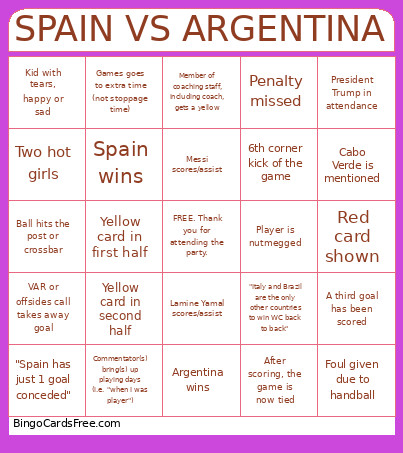 SPAIN VS ARGENTINA Bingo Card
