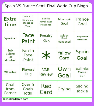 Spain VS France Semi-Final World Cup Bingo Card
